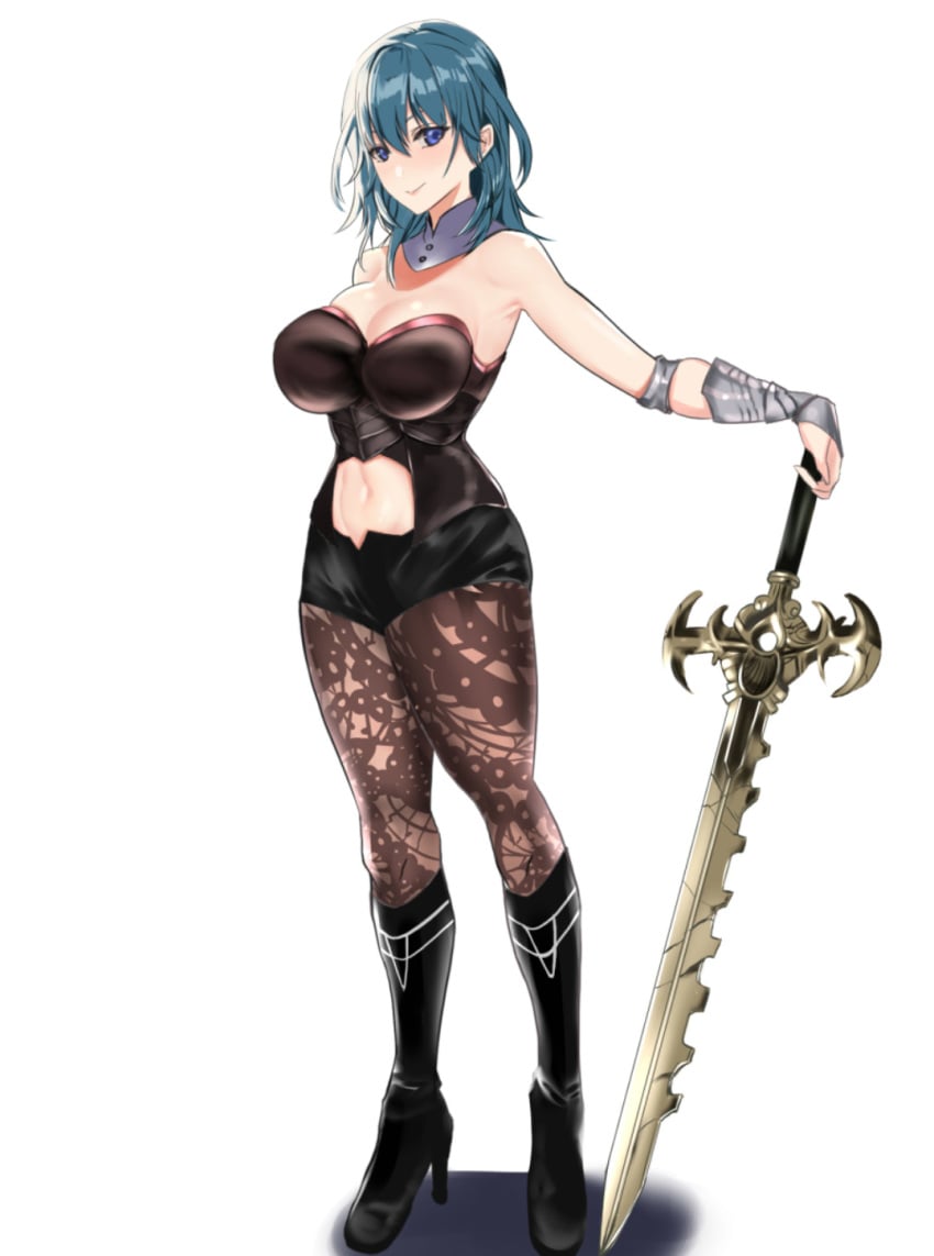 1girls akire_(akireru_shoujo) armpits bare_shoulders big_breasts black_legwear blue_eyes blue_hair boots breasts byleth_(fire_emblem) byleth_(fire_emblem)_(female) cleavage clothing_cutout detached_collar female female_only fire_emblem fire_emblem:_three_houses full_body high_heel_boots high_heels highres knee_boots large_breasts leggings lips long_hair looking_at_viewer medium_hair midriff navel navel_cutout nintendo pantyhose shorts simple_background skindentation sleeveless smile solo solo_female standing sword sword_of_creator sword_of_the_creator underbust weapon white_background wrist_guards