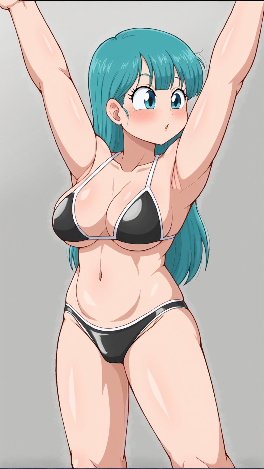 ai_generated aqua_hair armpits arms_up bangs bikini black_bikini blue_eyes blush breasts bulma_briefs cleavage croos dragon_ball dragon_ball_super dragon_ball_z female large_breasts long_hair navel solo standing swimsuit thighs