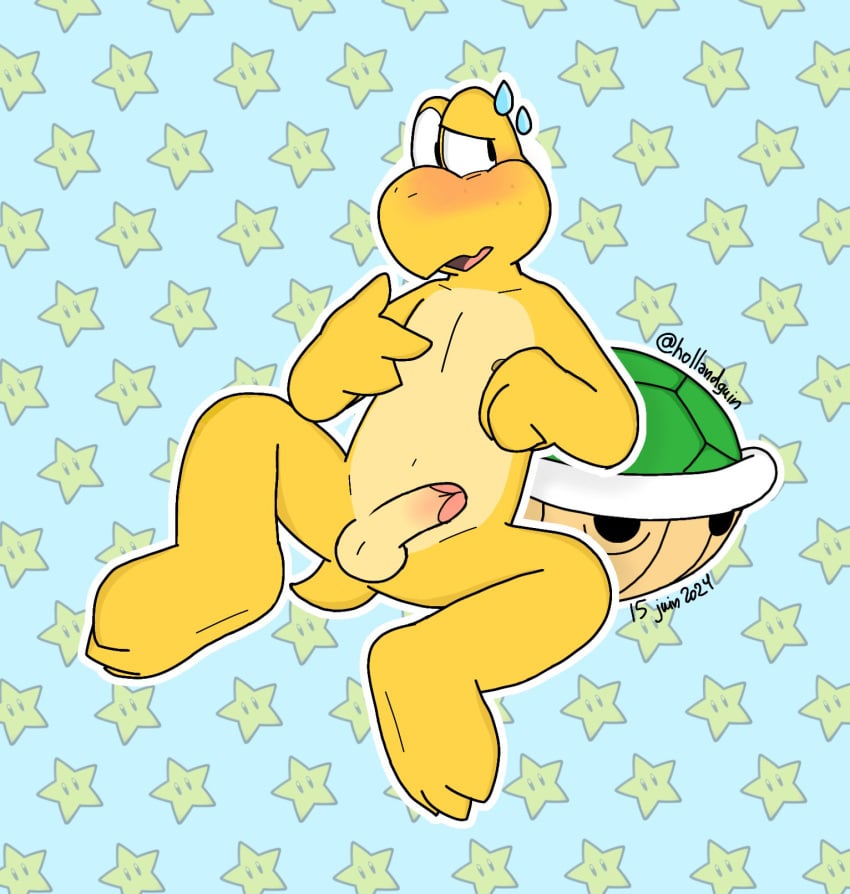 anthro balls barefoot blush casual_nudity erection feet freckled_face freckles genitals green_koopa_troopa hi_res humanoid_genitalia humanoid_penis koopa koopa_troopa male manchotchaud navel nintendo nipples non-mammal_navel non-mammal_nipples nude open_mouth penis reptile scalie solo spread_legs spreading super_mario_bros. tail toes toony