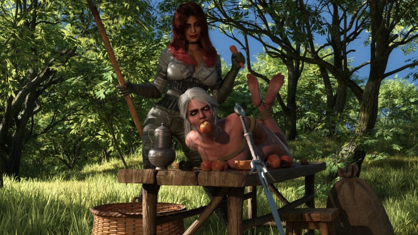 2girls ass bondage breasts captured ciri completely_nude feet female green_eyes light-skinned_female nude scar sword the_witcher_(series) the_witcher_3:_wild_hunt tthc white_hair