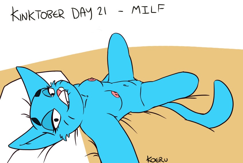 anthro blue_body blue_fur breasts cartoon_network cheeky_smile felid female fur hi_res kinktober kinktober_2024 koeru lying mammal mature_female nicole_watterson on_back selfie solo spread_legs spreading the_amazing_world_of_gumball