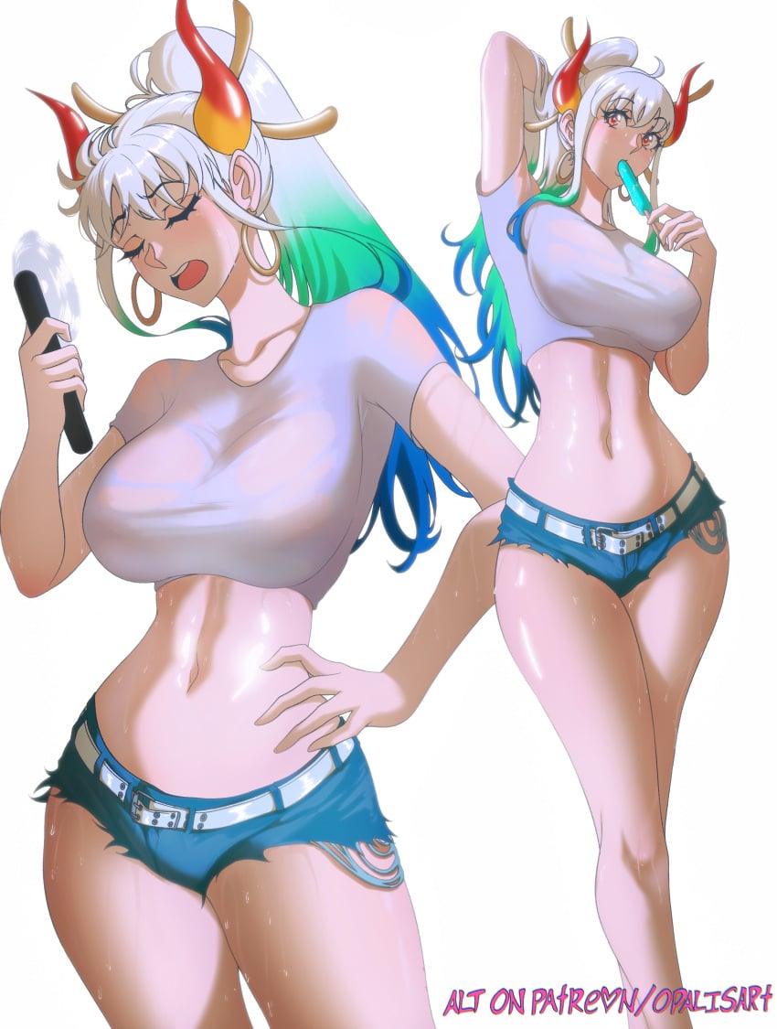 1girls bare_arms bare_legs bare_thighs big_breasts clothed clothing color daisy_dukes eating female female_focus female_only food hi_res horns jean_shorts large_breasts light-skinned_female light_skin long_hair one_piece opalisart orange_eyes popsicle shounen_jump solo solo_female sweat tagme thick_thighs white_hair yamato_(one_piece)