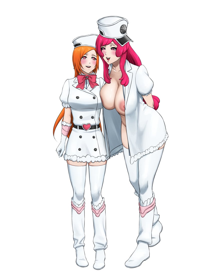 2girls bleach bleach:_the_thousand-year_blood_war blush costume_switch dressing exposed_breasts fully_clothed hair_ornament hat hypnosis inoue_orihime meninas_mcallon nipples open_shirt orange_hair partially_clothed pink_hair smiling