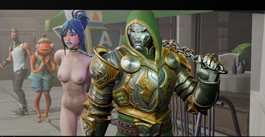 arms_behind_back being_watched blue_hair blush breasts captured captured_girl captured_heroine chain collar dashyarts defeated doctor_doom domination fishstick_(fortnite) fortnite genitals hope_(fortnite) jewelry light_skin makeup marvel marvel_comics mask nipples nude nude_female petite protagonistsub_antagonistdom public_exposure public_humiliation purple_nipples small_breasts walking