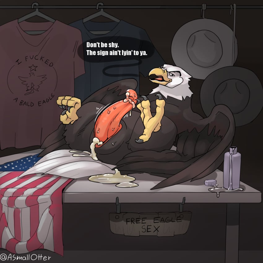 4th_of_july accipitrid accipitriform american_flag animal_genitalia asmallotter avian avian_feet big_penis bird bodily_fluids cloaca cloacal_penis clothing cowboy_hat cum cum_drip cum_in_cloaca cum_inside cum_on_penis dialogue dripping droplets eagle feathered_wings feathers feet feral free_use furniture genital_fluids genitals hat headgear headwear hi_res holidays inviting lube lube_bottle lube_drip male motion_lines on_display on_table penis presenting presenting_penis shirt sign sitting sitting_on_table solo speech_bubble store t-shirt table tail tail_feathers talons tapering_penis text text_on_clothing text_on_shirt text_on_topwear toes tongue topwear united_states_of_america vendor_stand wings