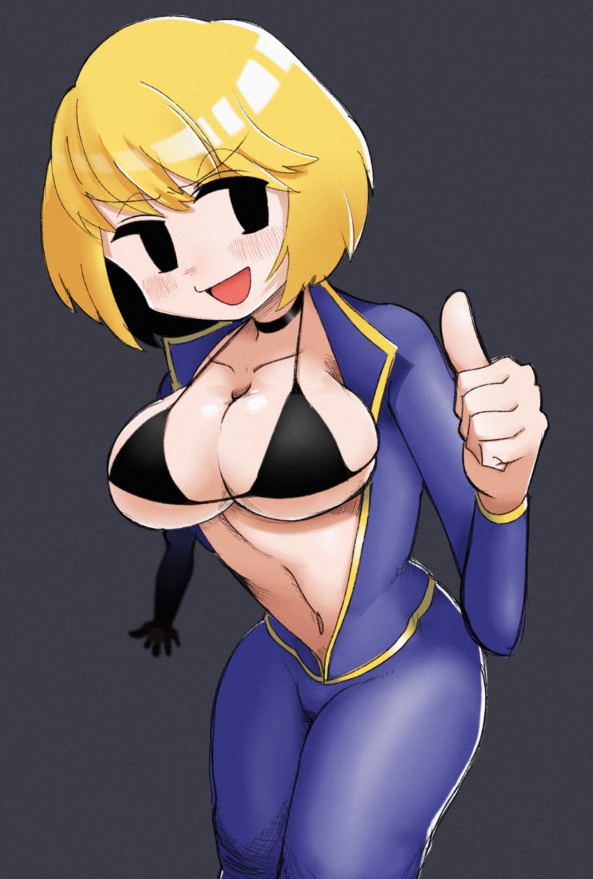 1girls breasts_out fallout female medium_breasts mob_face open_shirt tagme unzipped_bodysuit vault_girl