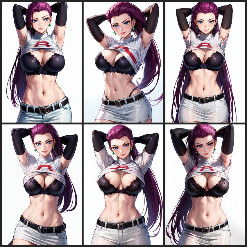 ai_generated big_breasts blue_eyes bra collage jessie_(pokemon) large_breasts long_hair multiple_views pokemon purple_hair