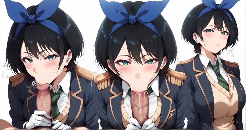 1boy :>= anger anger_vein black_hair blue_hairband blue_jacket blush breasts collared_shirt epaulettes fellatio female gloves green_eyes green_necktie hairband jacket kanojo_okarishimasu kindagoated kinoshita_kazuya large_breasts long_sleeves looking_at_viewer male_pubic_hair multiple_views necktie open_jacket oral penis pov pubic_hair sarashina_ruka school_uniform shirt short_hair simple_background solo_focus straight stray_pubic_hair striped_necktie white_background white_gloves white_shirt