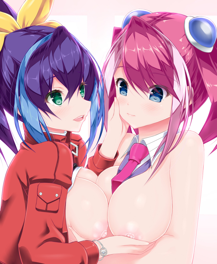 2girls blue_eyes blue_hair blush bow bracelet_girls breast_press breasts calcio couple green_eyes hairbow highres hiiragi_yuzu large_breasts multicolored_hair multiple_girls nipples open_clothes pink_hair ponytail rg serena_(yu-gi-oh!_arc-v) siblings sisters symmetrical_docking tied_hair twins twintails two_tone_hair yu-gi-oh! yu-gi-oh!_arc-v