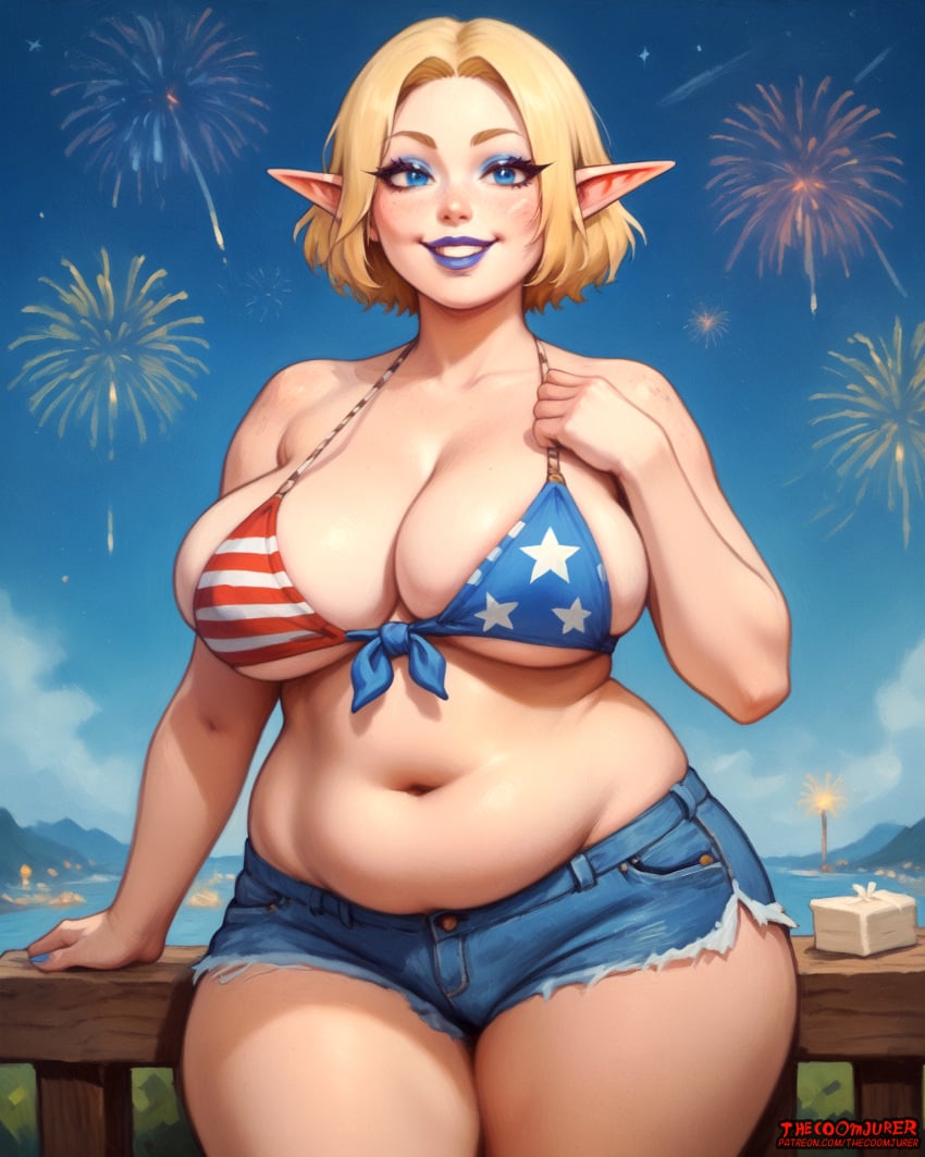 4th_of_july absurd_res absurdres ai_assisted ai_generated american_flag american_flag_bikini belly big_breasts bikini bikini_top blonde_hair blue_eyes blue_eyeshadow booty_shorts chubby chubby_belly chubby_female cleavage elf elf_ears eyebrows eyelashes eyeliner eyeshadow fireworks freckles freckles_on_face high_resolution highres large_breasts looking_at_viewer makeup navel overweight overweight_female pale-skinned_female pale_skin pointy_ears purple_lips purple_lipstick short_hair shorts smile smiling smiling_at_viewer thecoomjurer tummy