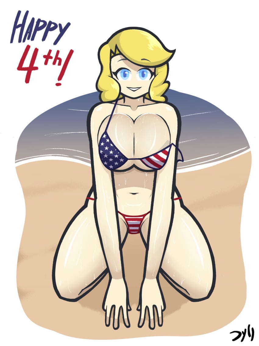 1girls 4th_of_july america_(egobuzz) american_flag american_flag_bikini beach belly belly_button bikini bikini_bottom bikini_top bra_slip cleavage countryhumans countryhumans_girl dyllzone eyebrows eyebrows_visible_through_hair female_focus glistening glistening_body long_hair looking_at_viewer seaside signature sitting solo solo_female solo_focus text thick_thighs united_states_of_america_(countryhumans)