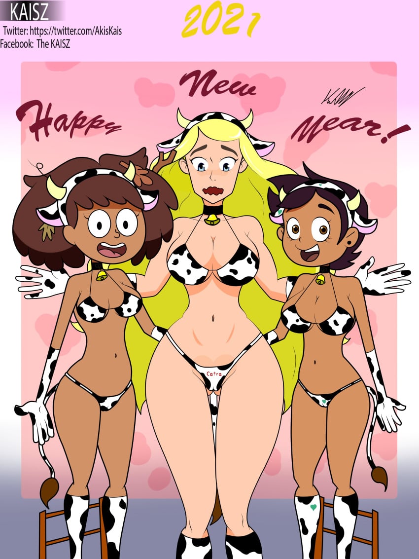 2_panel_comic 5girls adora alternate_breast_size amphibia anne_boonchuy artist_signature asian_female bell bikini blonde_female blonde_hair breasts brown_hair busty_female busty_teen chocolate_and_vanilla cleavage comic cow_bikini cow_ears cow_horns cow_print cow_print_bikini crossover dark-skinned_female dark_skin disney disney_channel dominican drool drooling embarrassed excited excited_female facebook_username fake_cow_horns fake_horns female female_focus female_only female_pervert gloves green_hair happy happy_female heart-shaped_pupils heterochromia hispanic human humanoid implied_ass_grab interracial_yuri kaisz latina long_hair luz_noceda netflix pale_skin she-ra she-ra_and_the_princesses_of_power short_hair spanish_text straight_hair text thai the_owl_house too_many_tags twitter twitter_username witch yellow_hair yuri yuri