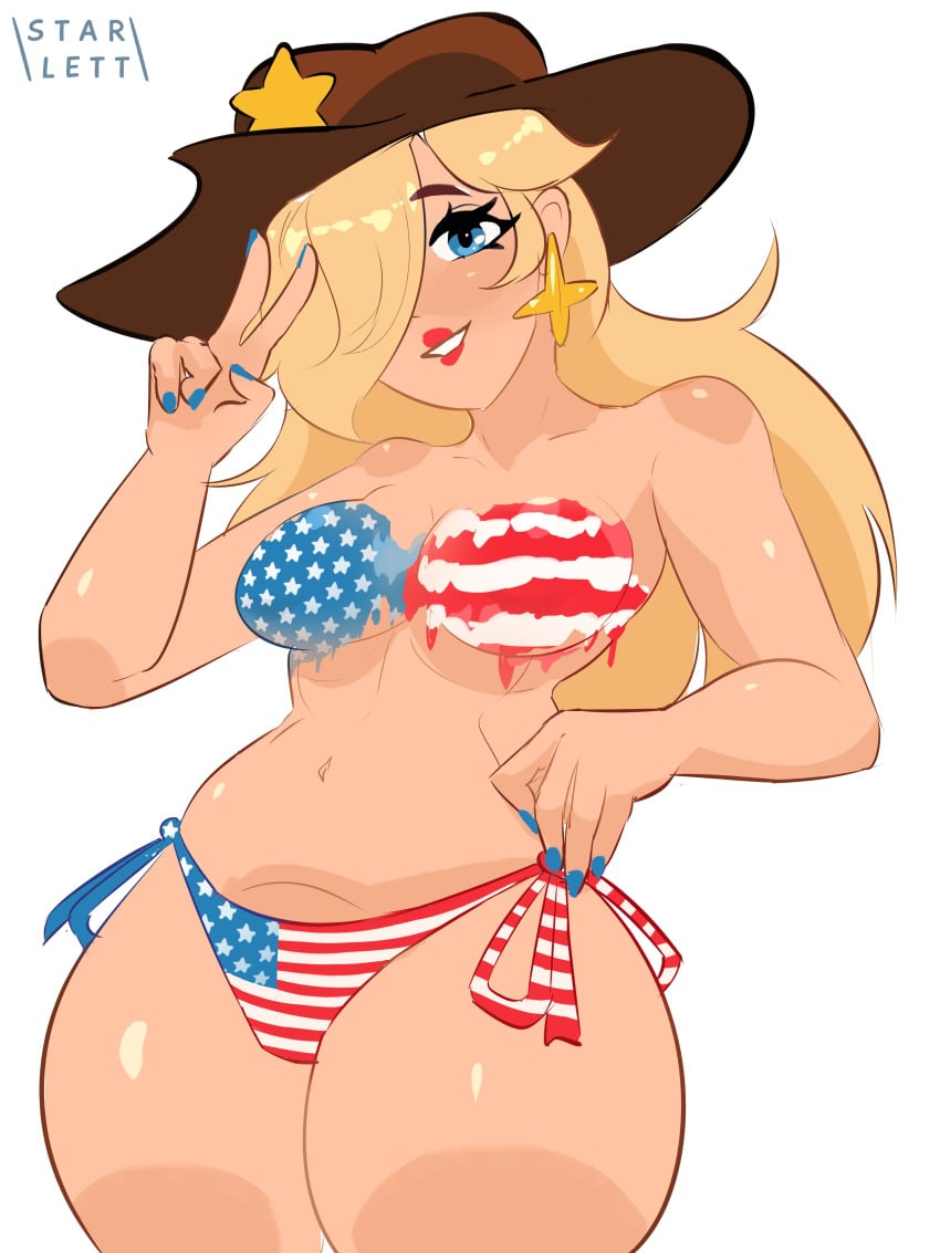 1girls 2024 2d 4th_of_july absurd_res american_flag american_flag_bikini bangs big_thighs bikini bikini_bottom blonde_hair blue_eyes blue_nails bodypaint breasts c_starlett color cowboy_hat earrings female female_only flag_bikini hand_on_hip hat headgear headwear hi_res holidays large_thighs light-skinned_female light_skin long_hair looking_at_viewer mario_(series) navel nintendo one_eye_closed paint painted_clothes painted_nails panties peace_sign princess princess_rosalina side-tie_bikini simple_background smile smiling smiling_at_viewer solo solo_female thick_thighs thighs topless v_sign white_background wide_hips