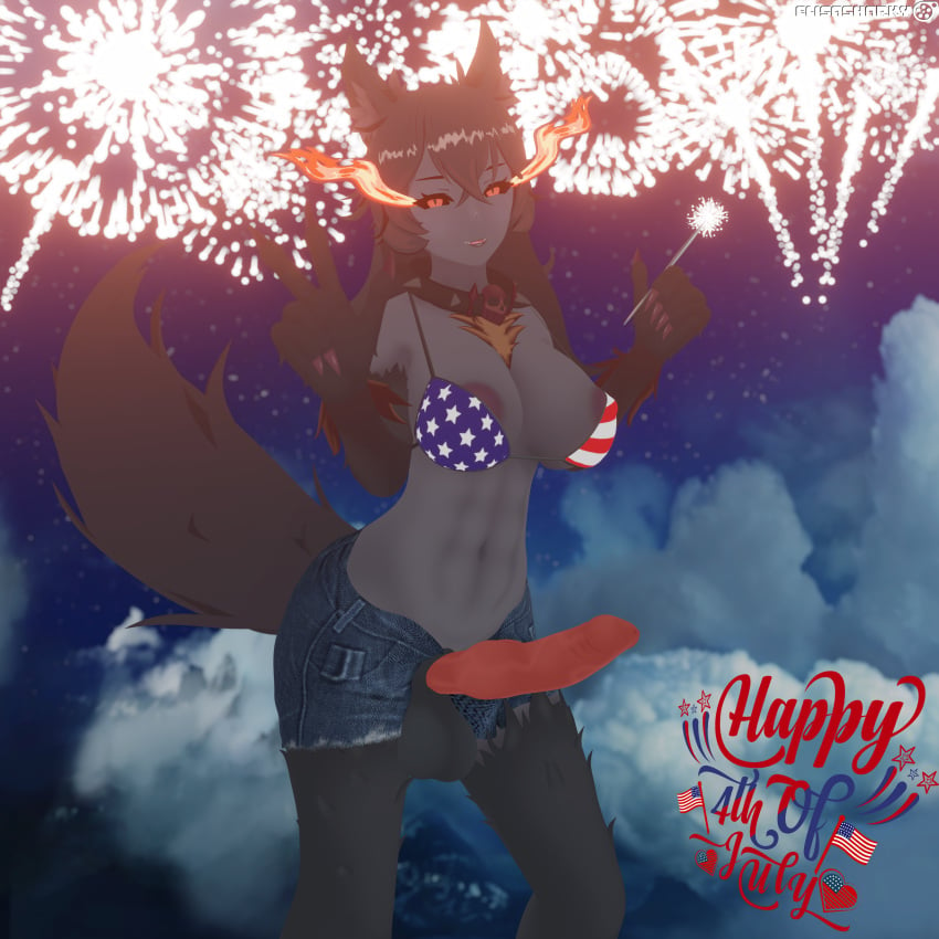 4th_of_july absurd_res animal_genitalia anthro balls blender_(artwork) blender_cycles bottomwear bra canid canid_demon canine clothing cutoffs demon denim denim_bottomwear denim_clothing digital_media_(artwork) elisasharky_(artist) female fireworks genitals gesture gynomorph hand_gesture hellhound hellhound_(mge) hellhound_(monster_girl_encyclopedia) hi_res holidays humanoid intersex knot looking_at_viewer mammal monster_girl_(genre) monster_girl_encyclopedia mythological_canine mythological_creature mythology night outside penis sheath shorts solo underwear v_sign