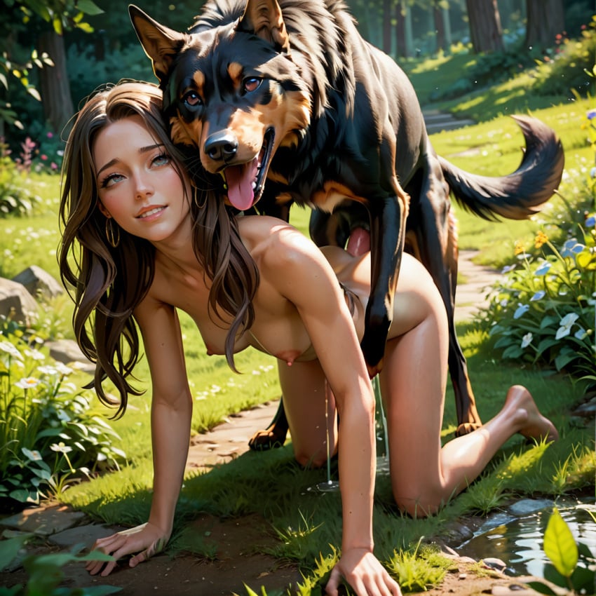 1boy 1girls ai_generated blue_eyes breasts brown_hair canine completely_nude completely_nude_female cum_in_pussy cum_inside cumdrip doggy_style dominant_feral enjoying female female_on_feral female_penetrated feral happy_sex human human_on_feral interspecies interspecies_sex long_hair looking_pleasured male male/female male_on_human mounting penis perfect_body sex sinkrozz smile submissive_female vaginal_penetration vaginal_sex zoophilia