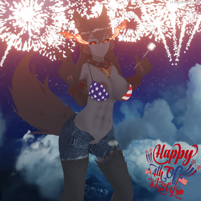 4th_of_july absurd_res american_flag_bikini anthro blender_(artwork) blender_cycles bottomwear bra canid canid_demon canine clothing cutoffs demon denim denim_bottomwear denim_clothing digital_media_(artwork) elisasharky_(artist) female fireworks gesture hand_gesture hellhound hellhound_(mge) hellhound_(monster_girl_encyclopedia) hi_res holidays humanoid looking_at_viewer mammal monster_girl_(genre) monster_girl_encyclopedia mythological_canine mythological_creature mythology night outside shorts solo underwear v_sign