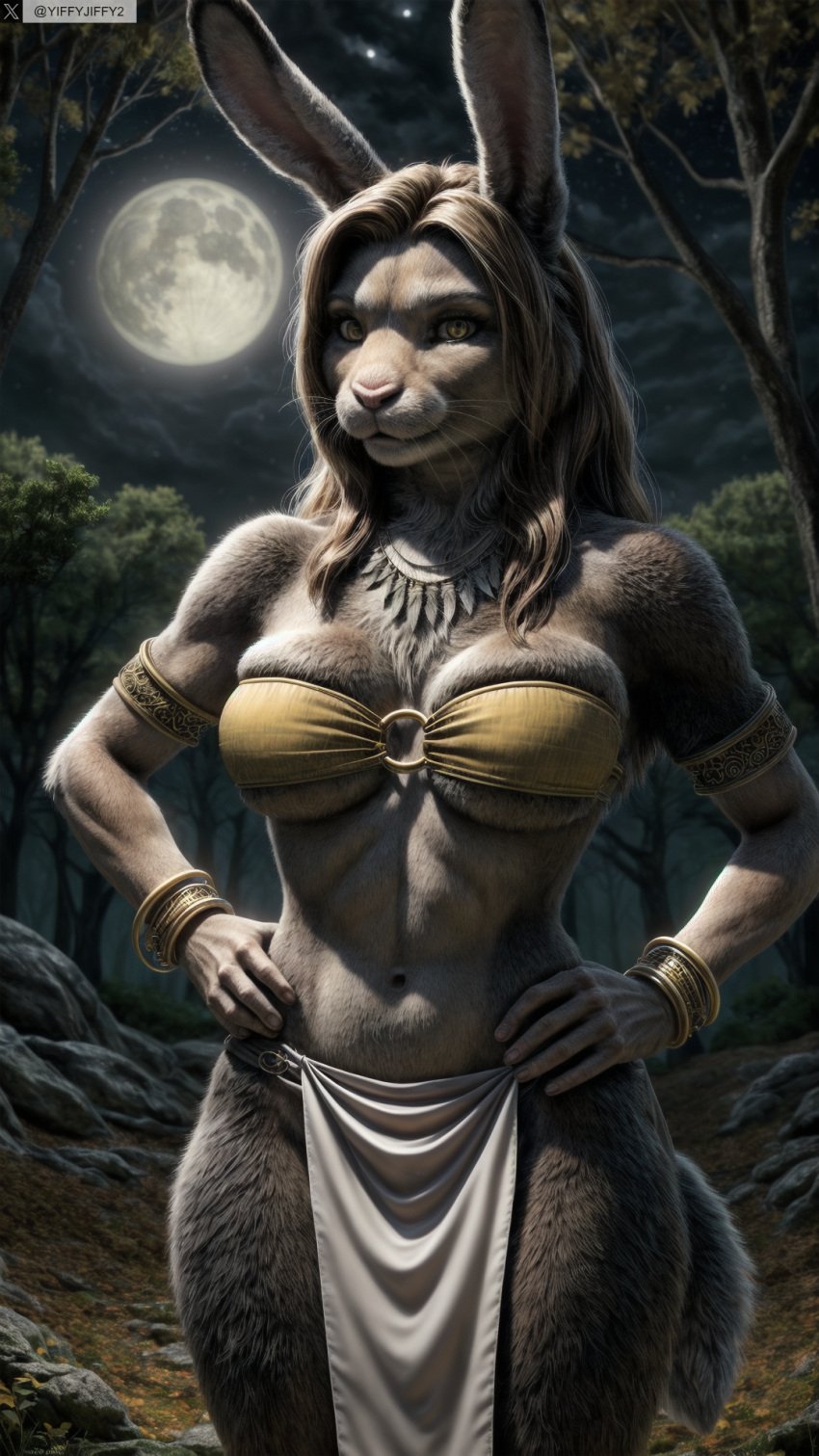 ai_generated animal_ears anthro artist_name bandeau bracelet breasts brown_hair female female_anthro full_moon furry furry_female hands_on_hips hi_res high_resolution highres jewelry loincloth long_hair looking_at_viewer medium_breasts moon navel necklace night night_sky o-ring o-ring_top outdoors pelvic_curtain photorealistic rabbit_ears rabbit_girl realistic sky solo stable_diffusion tree twitter twitter_username watermark yiffyjiffy2 yiffyjiffy69