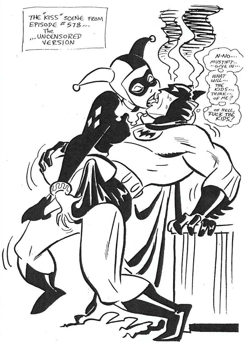 1boy 1girls ass_grab assertive_female ball_fondling ball_grab batman batman:_the_animated_series batman_(series) bruce_timm bruce_wayne dc dc_comics dcau dialogue english_text erect_penis erection erection_under_clothes female french_kiss french_kissing harley_quinn harley_quinn_(classic) kissing male monochrome speech_bubble straight superhero supervillainess text worth_it