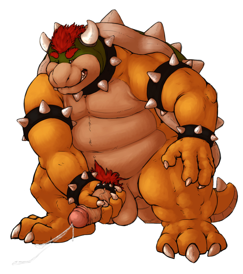 2012 anthro balls bara belly bowser bowser_day claws cock_ring collar cum cum_string cumshot ejaculation erection highres horn humanoid_penis koopa kronexfire male male_only mario_(series) masturbation muscular nintendo nude one_eye_closed orgasm penile_masturbation penis pubic_hair reptile scalie shell simple_background slightly_chubby solo spikes standing stocky teeth tongue turtle white_background wristband