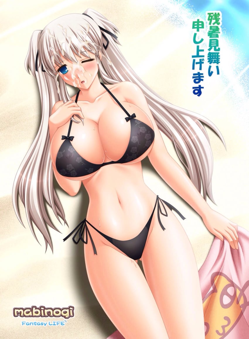 after_sex beach bikini blue_eyes breasts bukkake cameltoe cum facial huge_breasts kafu mabinogi nao_(mabinogi) nipples towel water white_hair wink