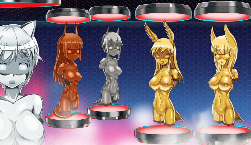 5girls amputee anabuki_tomoko animal_ears blush brass brass_(metal) brass_body brass_hair brass_skin brass_statue brave_witches breasts bronze bronze_(metal) bronze_body bronze_hair bronze_skin bronze_statue copper copper_(metal) copper_body copper_hair copper_skin cyber_(cyber_knight) glasses glowing glowing_body glowing_skin gold gold_(metal) gold_body gold_hair gold_skin gold_statue hanna-justina_marseille heidimarie_w_schnaufer large_breasts medium_breasts metal metal_anus metal_ass metal_balls metal_body metal_breasts metal_butt metal_girl metal_hair metal_nipples metal_skin metal_tail metal_transformation metal_vagina metal_wings metallic metallic_body metallic_nipples metallic_skin multiple_girls navel nikka_edvardine_katajainen nipples nude open_mouth petrification platinum platinum_(metal) platinum_body platinum_hair platinum_skin platinum_statue presenting pussy shiny shiny_body shiny_skin silver silver_(metal) silver_body silver_hair silver_skin silver_statue strike_witches takei_junko tongue transformation world_witches_series