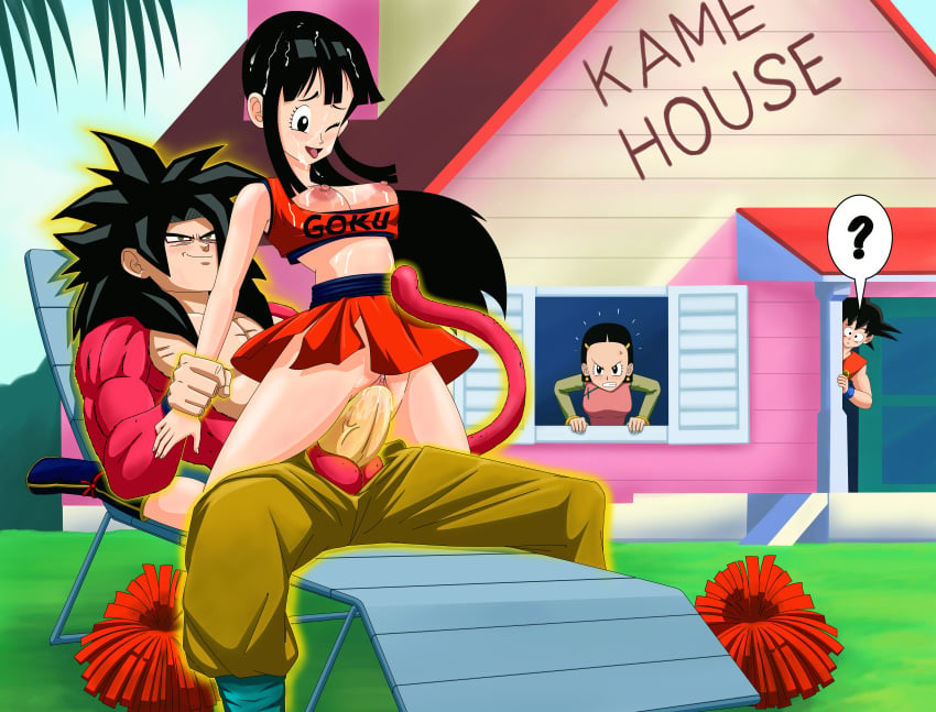 2boys 2girls big_breasts big_penis big_testicles breasts canon_couple cheerleader chichi clitoris cum cum_in_pussy cum_inside cum_on_breasts cum_on_face cum_on_hair dragon_ball dragon_ball_(classic) dragon_ball_gt human husband_and_wife large_breasts male nipples nude penis pom_poms pussy pussy_juice sex shinobibrush son_goku super_saiyan_4 testicles time_paradox wink