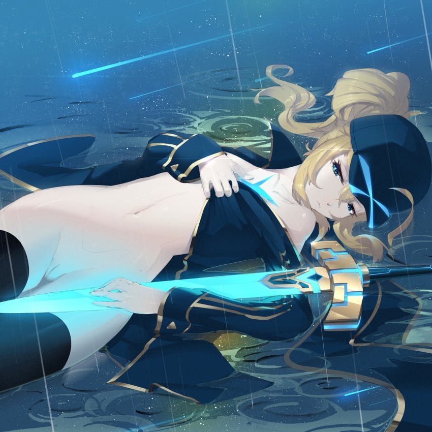 1girls absurdres aner_(qqan00) artoria_pendragon baseball_cap blonde_hair blue_eyes breasts fate/grand_order fate_(series) female hat highres long_hair looking_at_viewer lying mysterious_heroine_x navel on_back pussy small_breasts solo sword thighs tied_hair twintails weapon