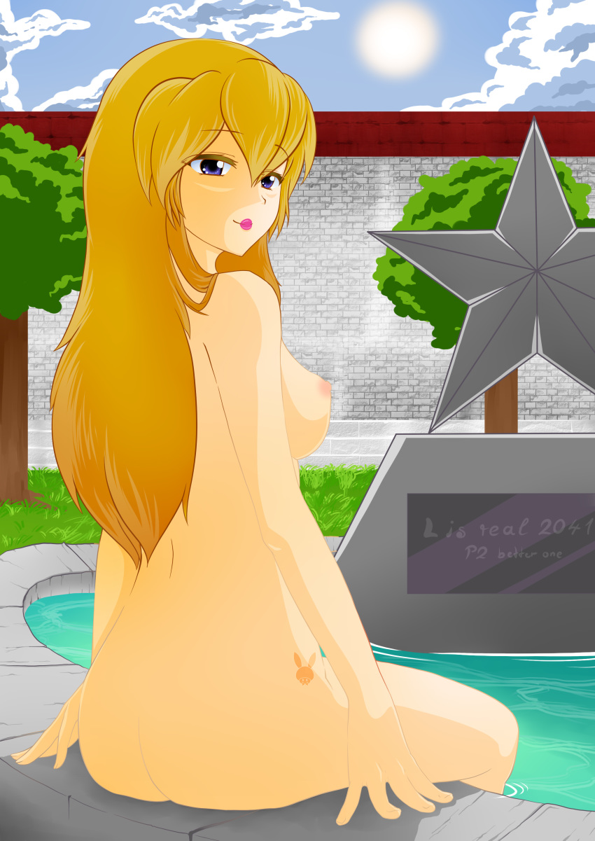 1girls absurdres ass blonde_hair breasts female female_only highres l_is_real_2401 lipstick long_hair looking_at_viewer looking_back makeup mario_(series) nintendo nipples nude outdoors pixelboy princess_peach purple_eyes sideboob sitting smile solo super_mario_64 tattoo wading water