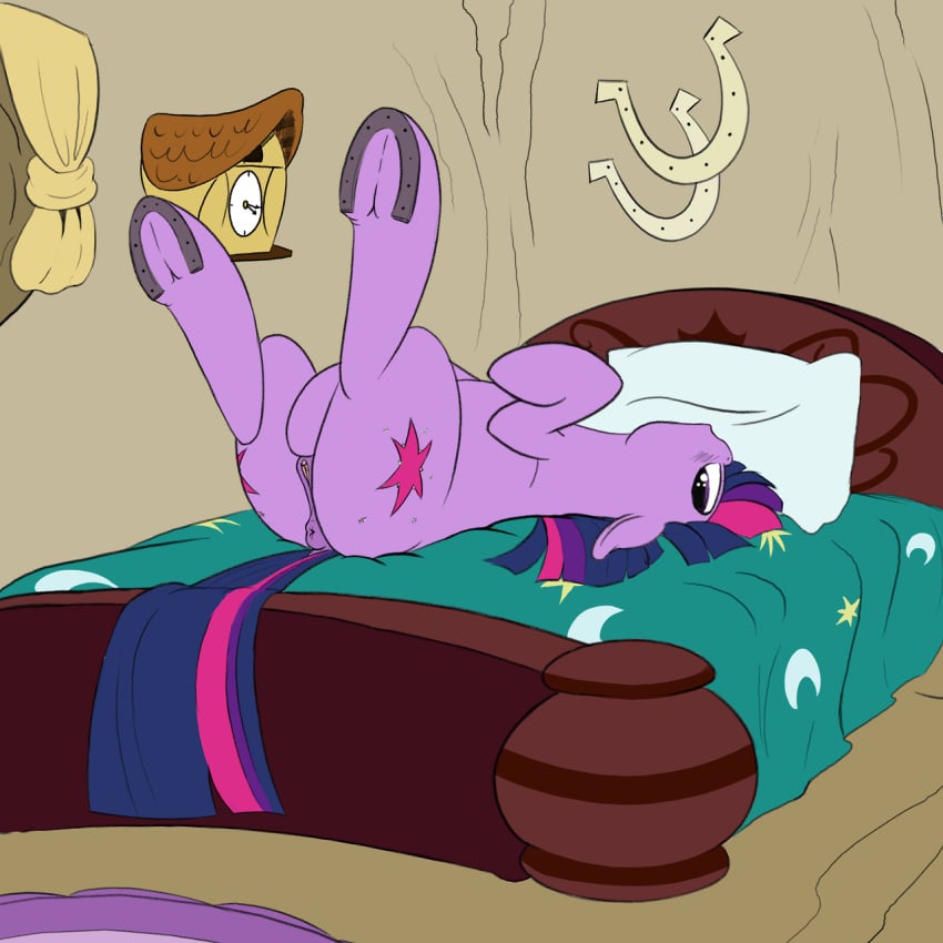 2017 anus ass bed blush clock cuckoo_clock cutie_mark equine female feral friendship_is_magic graboiidz hair horse inside looking_at_viewer looking_back lying mammal multicolored_hair my_little_pony on_back on_bed pony purple_eyes pussy solo twilight_sparkle_(mlp)