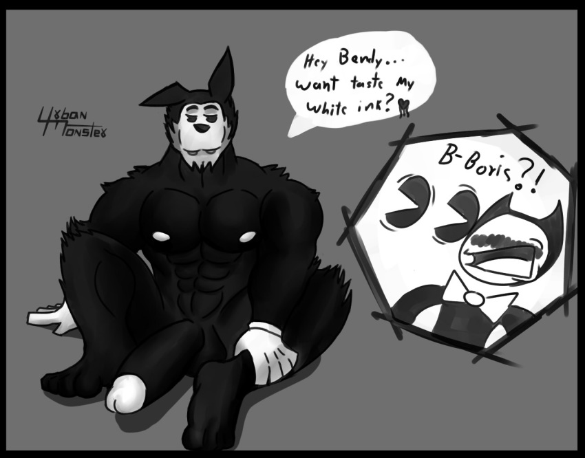 2017 2boys anthro bendy bendy_and_the_ink_machine black_body black_fur boris_the_wolf bow_tie canine demon english english_text fur furry gloves looking_at_viewer male male_only mammal muscular muscular_male penis simple_background speech_bubble urbanmonster wolf yaoi