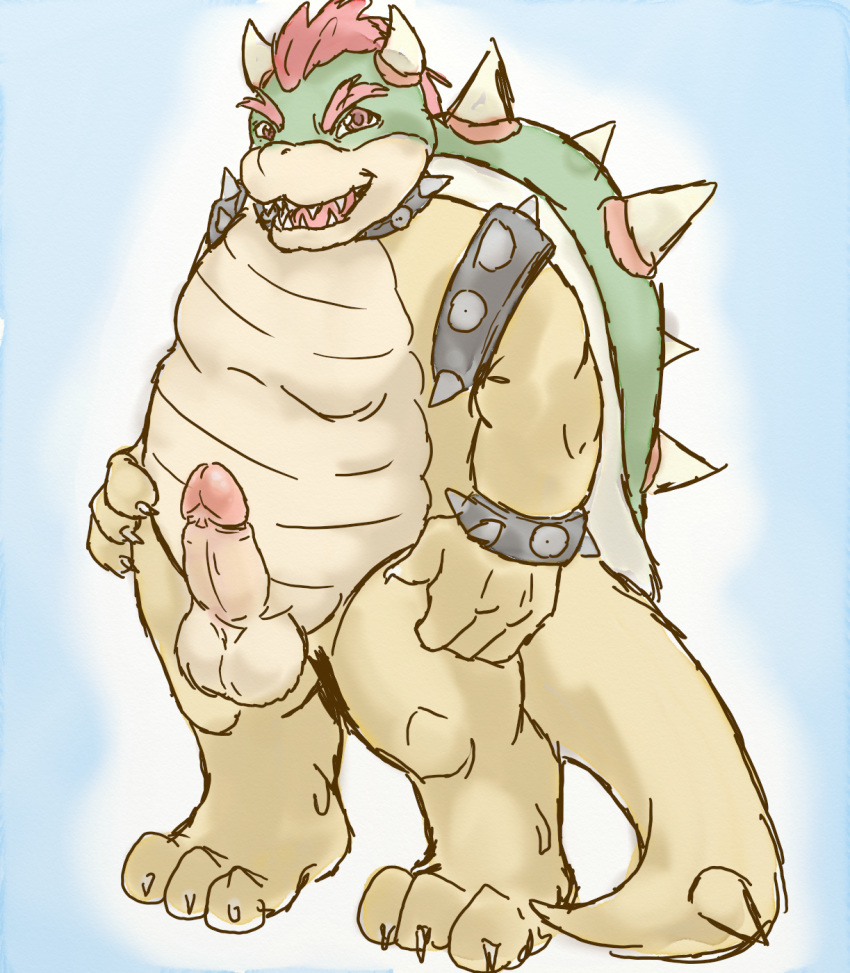 1boy anthro balls blue_background bowser erection full_body horn humanoid_penis koopa lavilovi male male_only mario_(series) nintendo nude penis scalie simple_background slightly_chubby smile solo spikes standing tail testicles uncut video_games