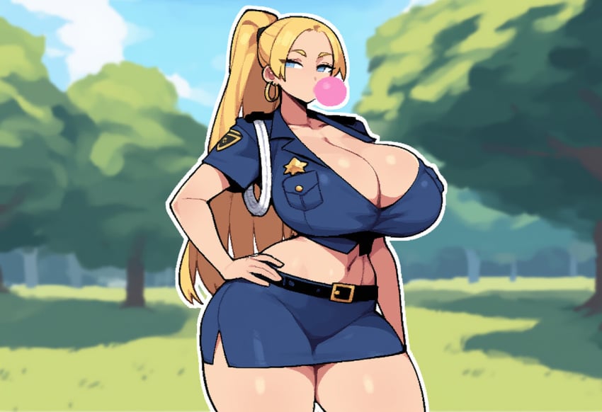 1girls ai_generated blonde_hair blue_eyes bubble_gum cleavage large_breasts midriff novelai police_uniform ponytail thick_thighs wide_hips