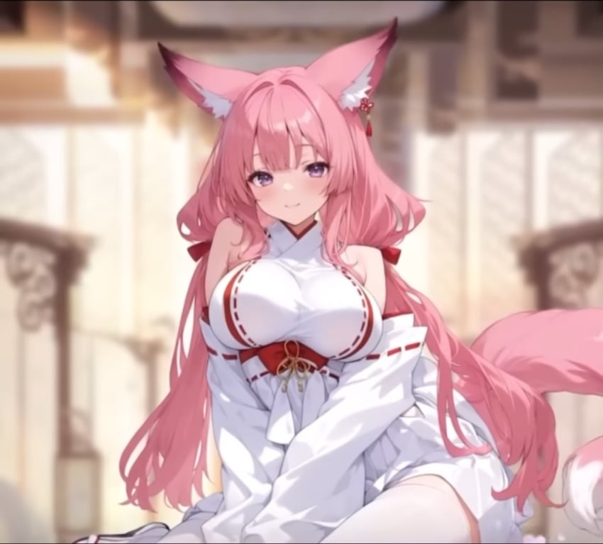 female fox_ears girl huge_breasts loose_clothes lotus_(tales_of_angels) pink_hair sitting tail tales_of_angels waifu women