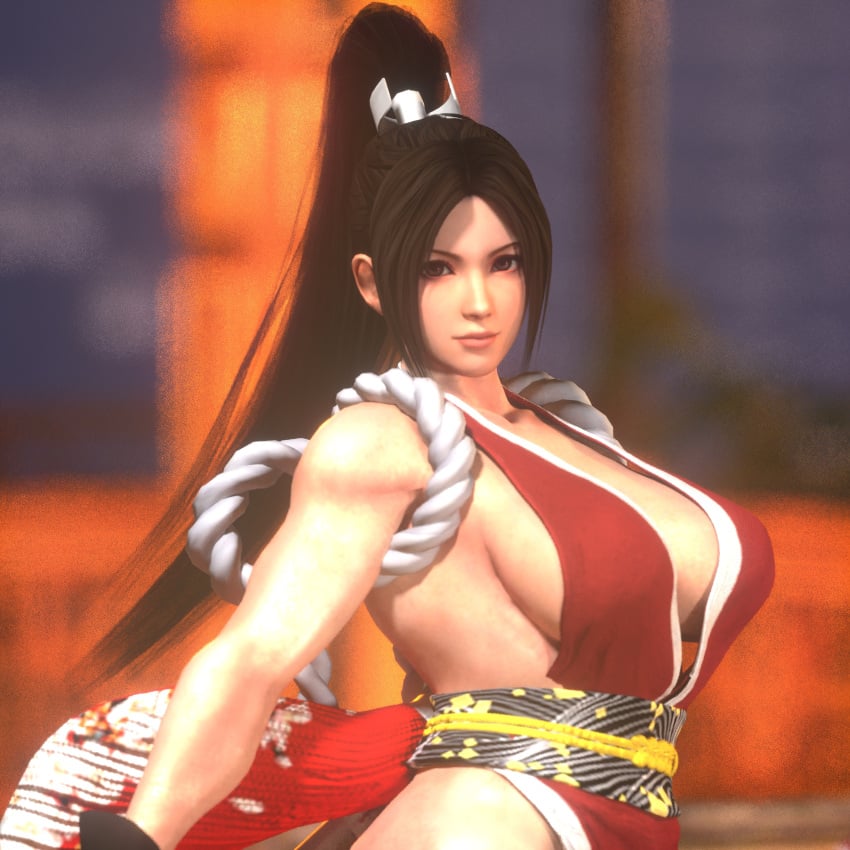 bare_shoulders breasts brown_eyes brown_hair cleavage clothing dead_or_alive fatal_fury female folding_fan gloves hand_fan high_ponytail king_of_fighters large_breasts lips long_hair looking_at_viewer mai_shiranui ninja no_bra pelvic_curtain ponytail revealing_clothes rope sash sideboob solo tied_hair traditional_clothes