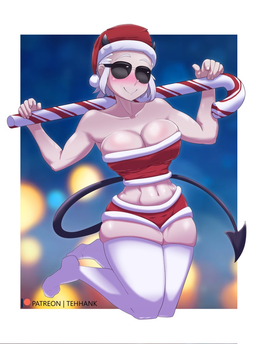 1girls big_breasts breasts christmas christmas_outfit female female_only helltaker justice_(helltaker) light-skinned_female light_skin sunglasses tehhank thighhighs tinted_eyewear