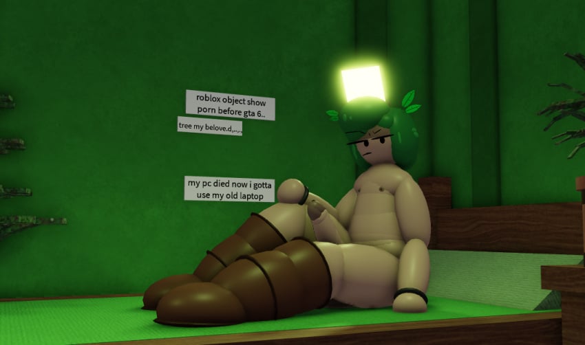 3d angry_expression annoyed_expression battle_for_dream_island bedroom bedside_table bfdi boots_only gijinka goofylookin green_hair humanization humanized lamp large_penis leaf light-skinned_male light_skin looking_at_viewer nightstand nipples object_shows on_bed one_leg_bent potted_plant roblox sitting sitting_on_bed solo_male the_power_of_two tpot tree_(bfdi) wristwear