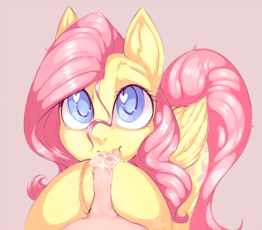 2017 angrylittlerodent cum cutie_mark duo equine feathered_wings feathers female feral fluttershy_(mlp) friendship_is_magic hair hi_res hooves long_hair looking_at_viewer male mammal my_little_pony oral pegasus penis pink_hair sex simple_background smile straight tongue tongue_out wings