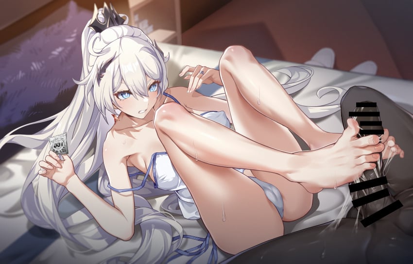 1boy absurdres ass bar_censor bare_shoulders barefoot bedroom blue_eyes blush breasts bright_pupils cameltoe censored chinese_commentary clenched_teeth collarbone condom condom_wrapper covered_nipples dark-skinned_male dark_skin dress earrings feet female footjob full_body hair_between_eyes hair_ornament highres holding holding_condom honkai_(series) honkai_impact_3rd huiqian indoors interracial jewelry kiana_kaslana kiana_kaslana_(herrscher_of_flamescion) large_breasts legs long_hair looking_at_another lotion lying no_bra on_back on_bed out_of_frame panties penis ponytail ring sleeveless sleeveless_dress solo_focus straight strap_slip sweat teeth thighs toes two-footed_footjob underwear very_long_hair white_dress white_hair white_panties white_pupils