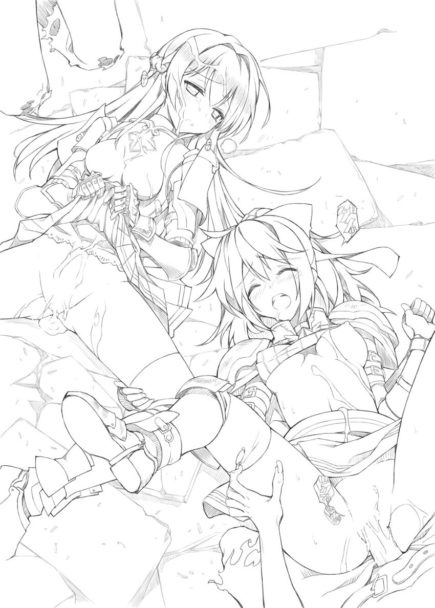 2girls after_sex armor bow braid cum cum_in_pussy cumdrip hairbow highres isizuaki kneehighs knight knight_(ragnarok_online) long_hair monochrome multiple_girls open_mouth ponytail ragnarok_online sex skirt skirt_lift tied_hair torn_clothes vaginal_penetration