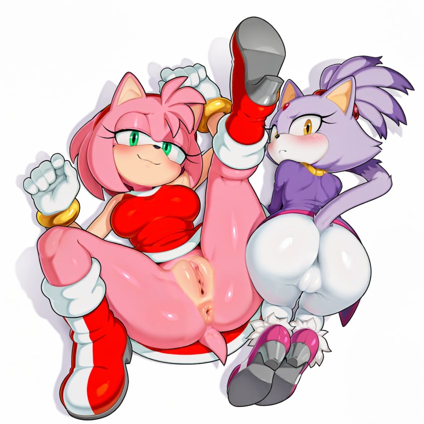 2girls ai_generated all_fours amy_rose anthro ass ass_up blaze_the_cat blush clothed_female clothing furry furry_female hi_res katalystnya leg_up legs_spread lying_on_back partially_clothed puffy_anus pussy sonic_(series) sonic_the_hedgehog_(series)