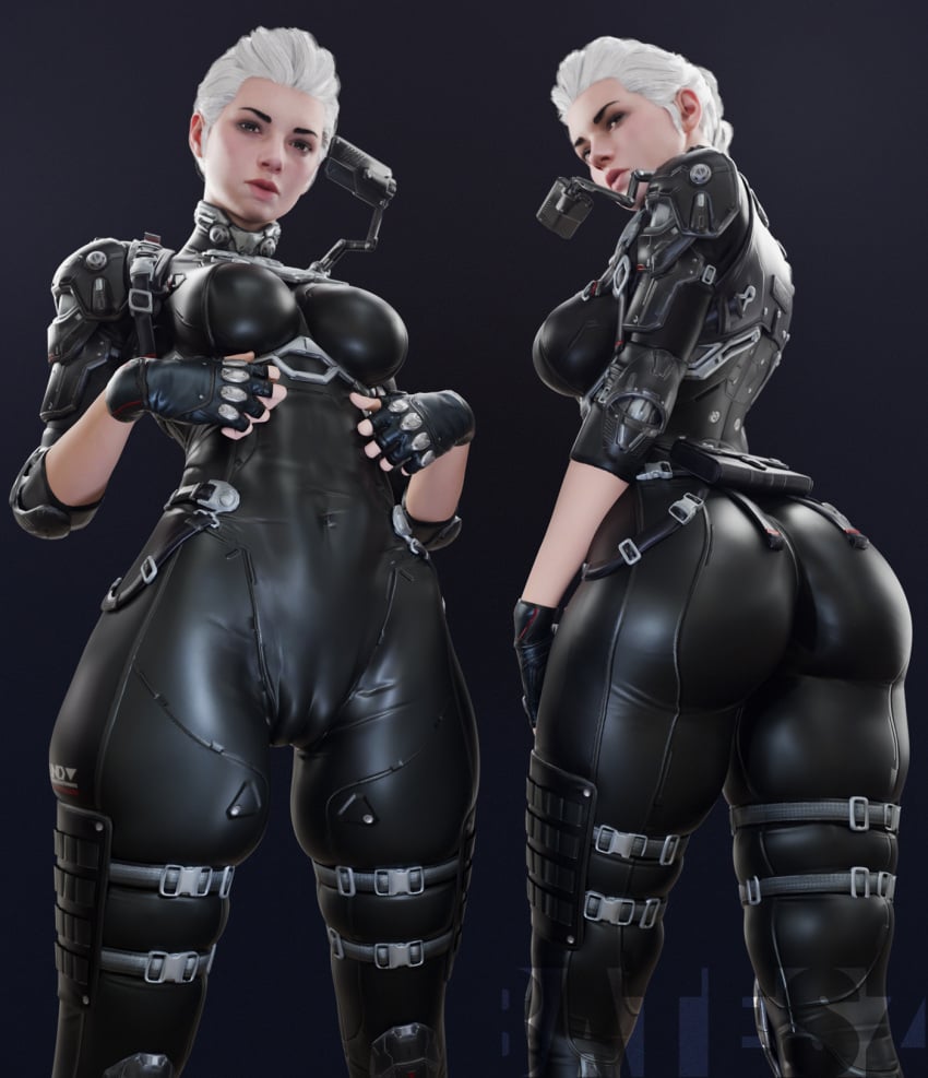 batesz butt_focus cameltoe ines_raya latex_suit overflowing_thighs sci-fi solo the_first_descendant thi thick_thighs thigh_strap tight_clothing tight_fit white_hair