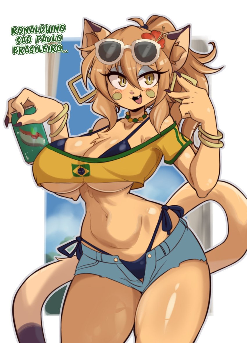 1female 1girls 2d 2d_(artwork) big_breasts brazil brazilian brazilian_female breasts cleavage clothing felid feline female furry glasses goya_(lucyfercomic) huge_breasts lucyfercomic solo tagme thick_thighs wide_hips