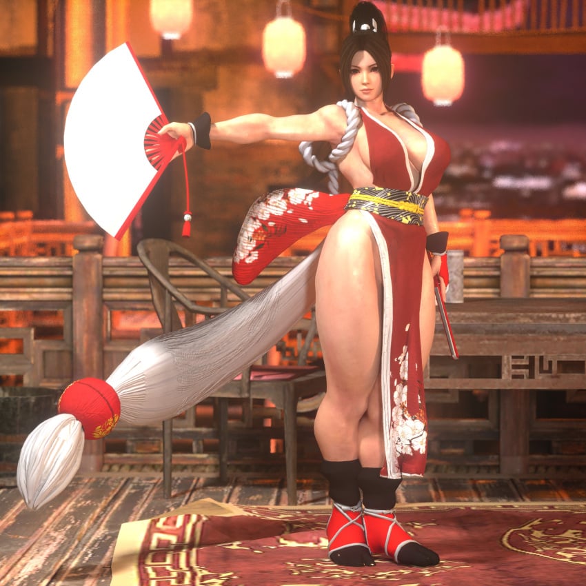 architecture bare_shoulders breasts brown_eyes brown_hair cleavage clothing dead_or_alive fan fatal_fury female female_only folding_fan hand_fan high_ponytail holding holding_fan king_of_fighters lantern large_breasts lips long_hair looking_at_viewer mai_shiranui ninja no_bra no_panties obi paper_lantern pelvic_curtain ponytail revealing_clothes rope sash sideboob solo standing tabi thighs tied_hair traditional_clothes