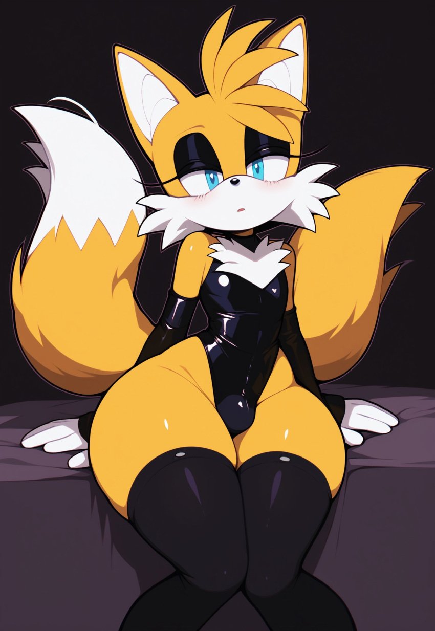 1boy ai_generated anthro big_butt big_thighs black_background blue_eyes bulge bulge_through_clothing civitai femboy femboy_only fox fox_boy fox_ears furry furry_only goth leotard makeup miles_tails_prower sitting solo sonic_(series) sonic_the_hedgehog_(series) tails tails_the_fox thighhighs yellow_fur