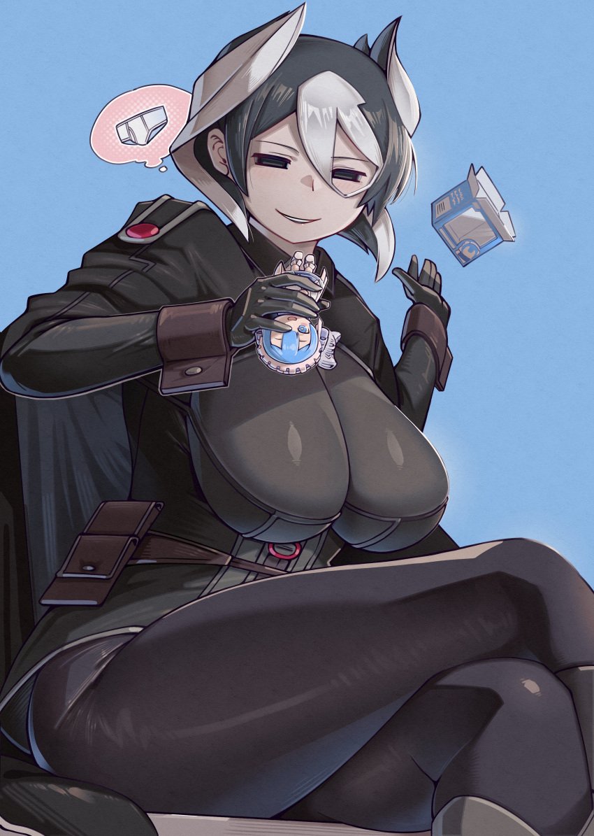 big_breasts black_and_white_hair black_eyes black_hair blue_background blush cleavage crossed_legs empty_eyes female female_only female_pervert figure figurine fully_clothed hair_between_eyes kingofbandit156 made_in_abyss marulk ozen pale-skinned_female pale_skin pervert sagging_breasts short_hair sitting smile solo thick_thighs tight_clothing toy two_tone_hair