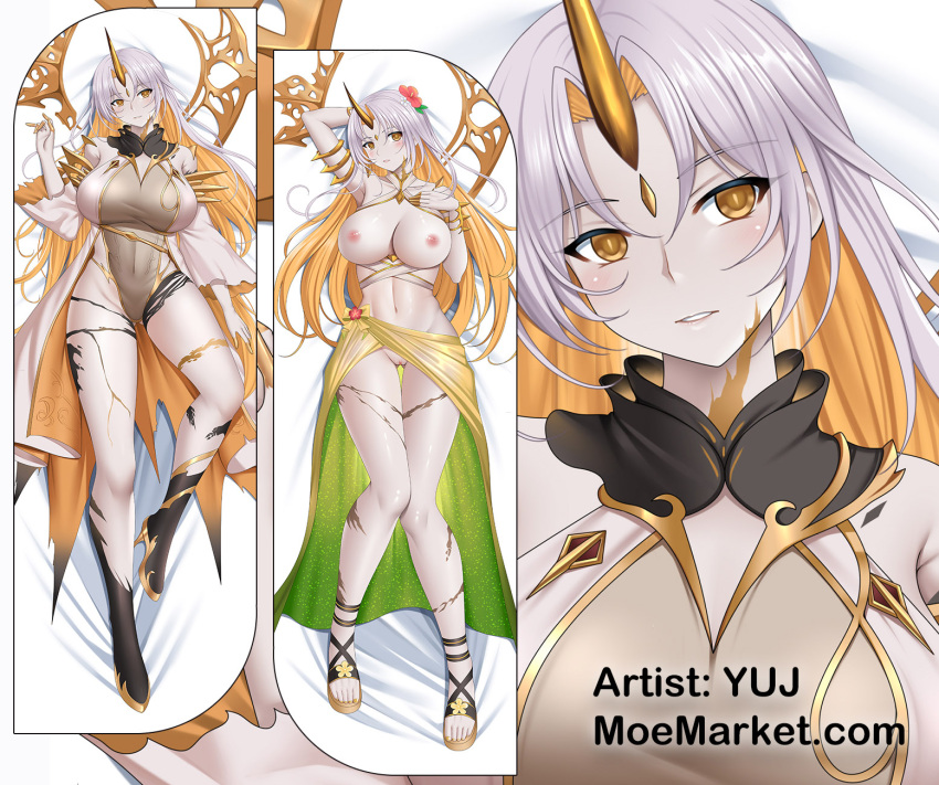 asymmetrical_legwear bare_shoulders big_breasts blonde_hair breasts dakimakura_(medium) female fire_emblem fire_emblem_heroes gold_horns grey_hair gullveig_(fire_emblem) highres horns pale_skin single_horn yuj_(moemarket)