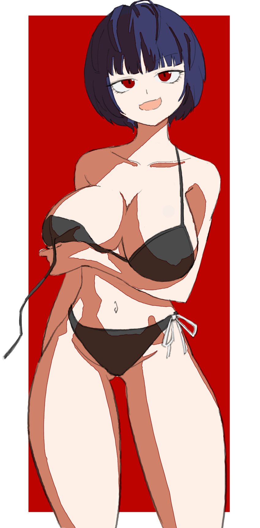 ass_visible_through_thighs atlus belly_button big_breasts bikini breasts collarbone huge_breasts looking_at_viewer malutashi_ midriff open_mouth persona persona_5 red_eyes smile tae_takemi thick_thighs thighs untied_bikini