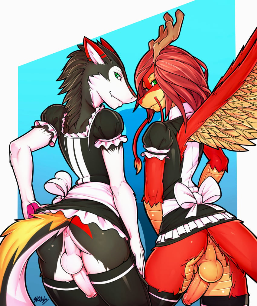 anus ass balls clothing dragon girly gustav ksirum looking_at_viewer maid_uniform male oriental penis sergal skibby uniform wings