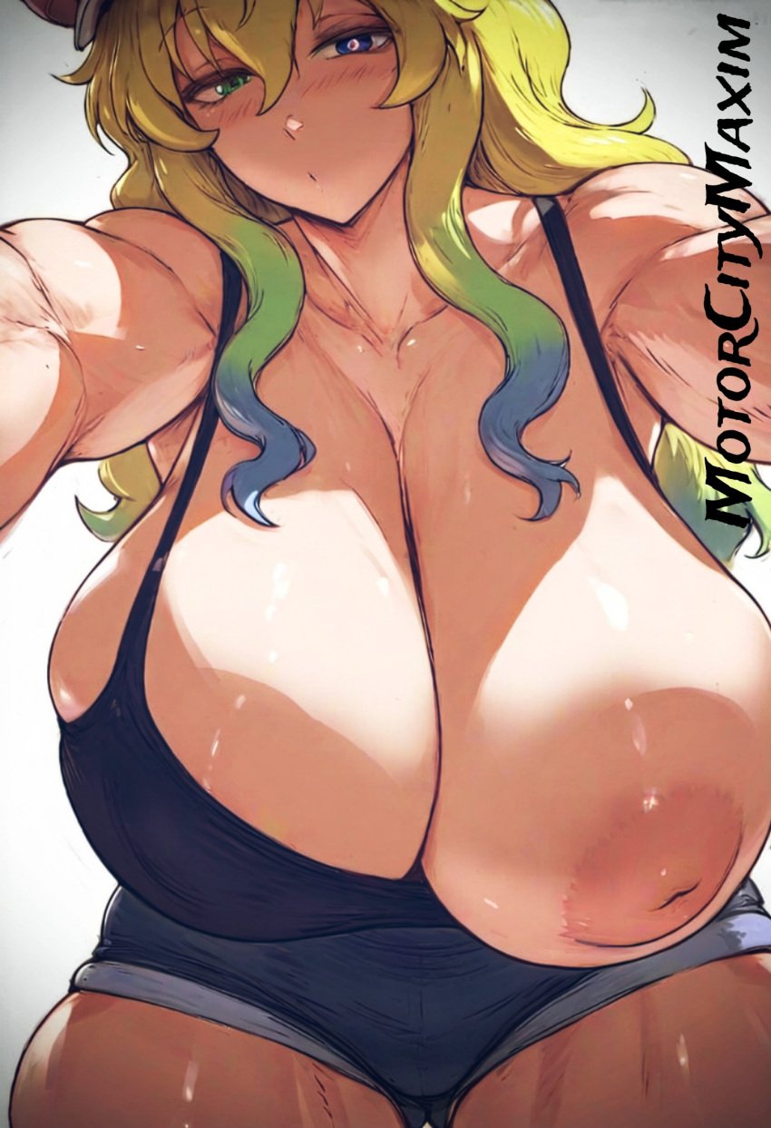 1girls ai_generated breasts gradient_hair horns huge_breasts kobayashi-san_chi_no_maidragon long_hair looking_at_viewer lucoa mismatched_pupils miss_kobayashi's_dragon_maid motorcitymaxim multicolored_hair nipples one_breast_out quetzalcoatl_(dragon_maid) shirt solo yellow_hair