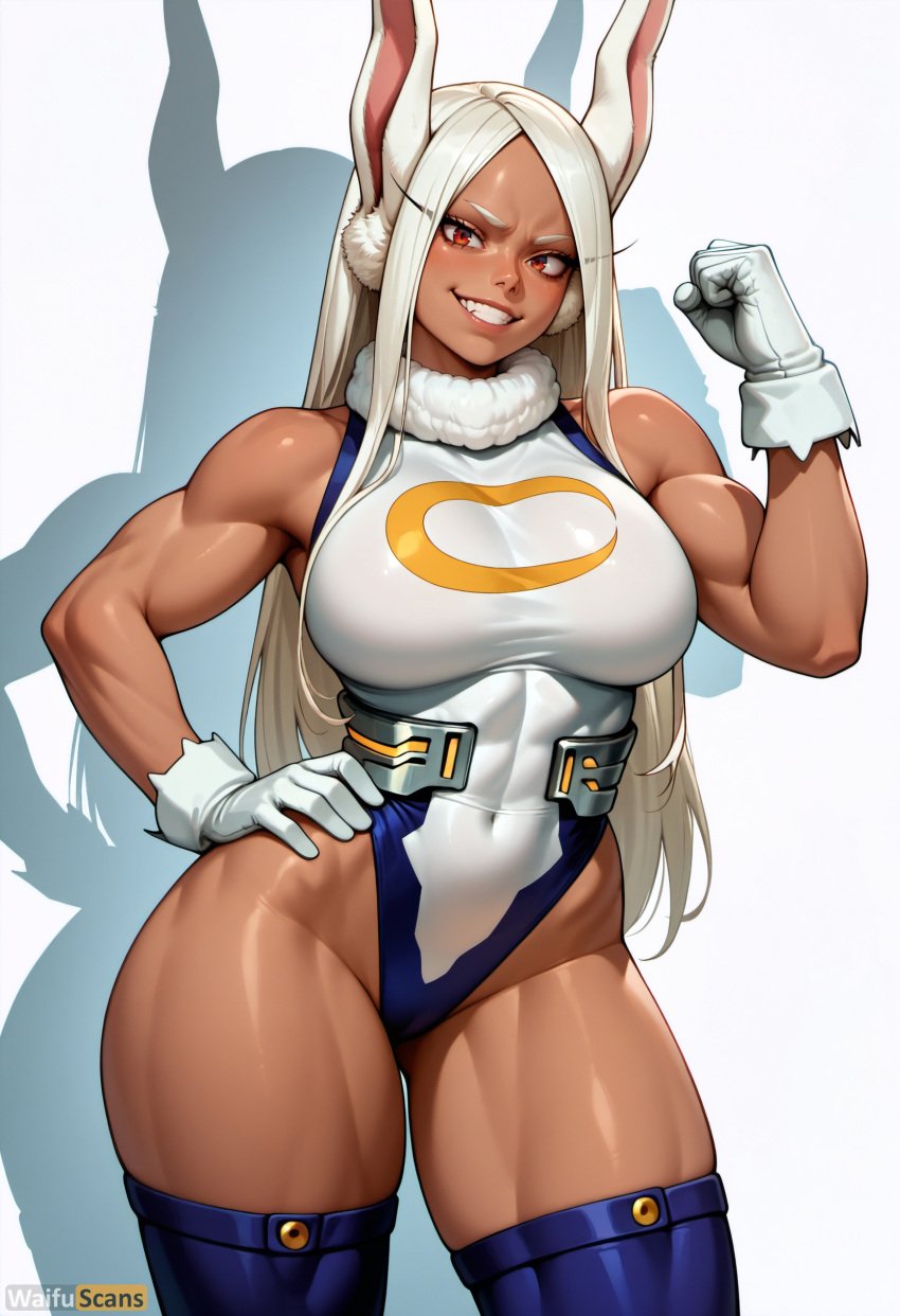 abs ai_generated animal_ears artist_name bangs bare_shoulders biceps boku_no_hero_academia breasts cameltoe clenched_hand covered_navel cowboy_shot dark-skinned_female dark_skin female flexing fur_collar gloves grin hand_on_hip high_resolution highleg highleg_leotard highres large_breasts leotard long_eyelashes long_hair looking_at_viewer mirko muscular muscular_female my_hero_academia parted_bangs rabbit_ears rabbit_girl red_eyes simple_background sleeveless sleeveless_turtleneck sleeveless_turtleneck_leotard smile solo stable_diffusion superhero teeth thick_thighs thighhighs thighs turtleneck turtleneck_leotard very_long_hair waifuscans418 white_background white_gloves white_hair white_leotard